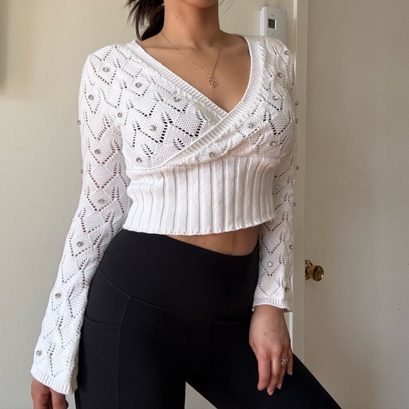 Sweaters - Coquette White Cropped Knit Wrap Sweater Pearls